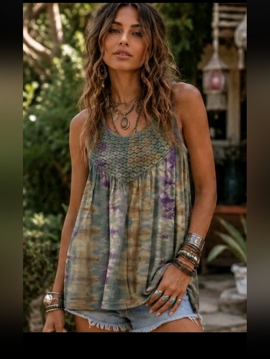Jaded Gypsy Tops - JadedGypsy Tie-Dye Lace Yoke Tank Top in Purple & Blue Sz S